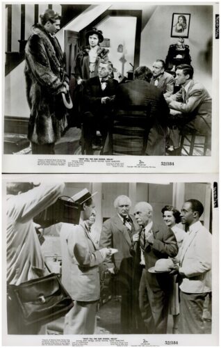 Top image: black-and-white film set with actors and crew around a table; a man in a fur coat stands nearby as others converse.