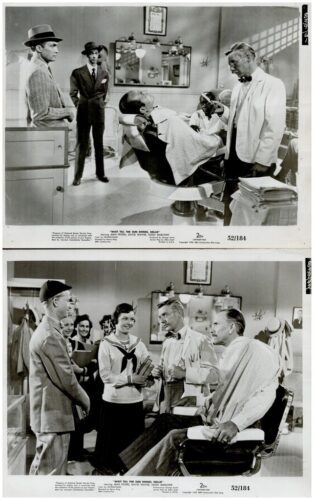 Two black-and-white frames from a 1950s-style barbershop scene: top image shows a barber tending a seated client in a chair while three men stand nearby; bottom image shows a group of people, including a sailor and a man in a wheelchair, chatting in the shop.