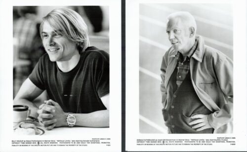 Two black-and-white portraits side by side: left, a smiling young man at a table with a coffee mug; right, an older man standing with a hand on his hip, wearing a jacket.