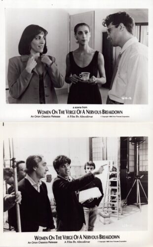 Scene from Women on the Verge of a Nervous Breakdown: top image shows two women and a man in conversation, one woman holding a cup; bottom image shows crew and a director on a film set gesturing and coordinating.