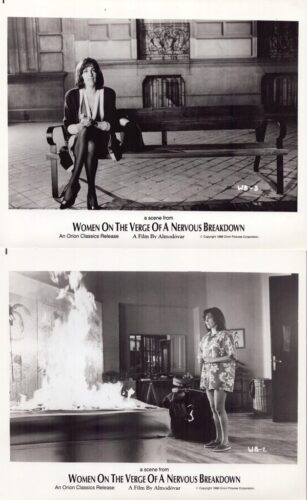 Two black-and-white film stills from Women on the Verge of a Nervous Breakdown: a woman sits on a bench, looking at the camera.