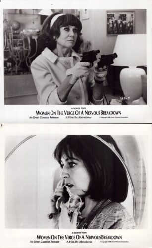 Two black-and-white film stills from Women on the Verge of a Nervous Breakdown: top shows a woman in a light coat aiming two pistols; bottom shows a woman with a telephone headset.