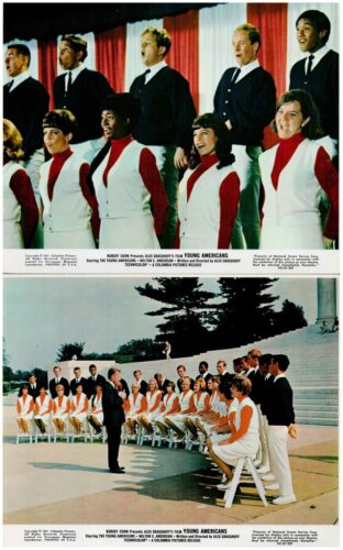 Two panel promotional stills: top panel shows a stage choir in red and white outfits performing; bottom panel shows a conductor directing a large outdoor seated choir.