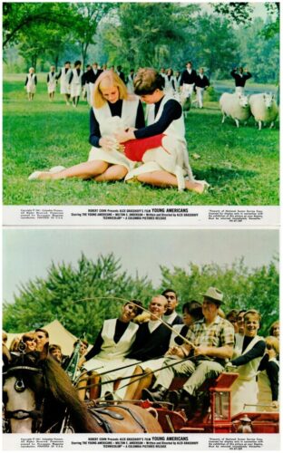 Two stills from the 1967 film Young Americans: top frame shows a young couple in white vests sitting on grass with sheep in a park; bottom frame shows a group riding in a horse-drawn wagon during a parade.