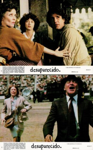 Promotional poster for the film Desaparecido, with a tense top scene of a man and two women and a shouting man in the bottom panel.