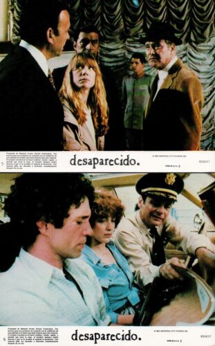 Promotional stills from Desaparecido: a tense indoor scene with a blonde woman and two men, and a second scene with travelers in a car and a uniformed officer.