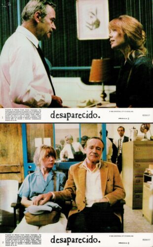 Two-panel film poster for 'Desaparecido': top shows a man in a white shirt talking to a red-haired woman; bottom shows a man in a tan jacket and a woman in blue seated in an office lobby.