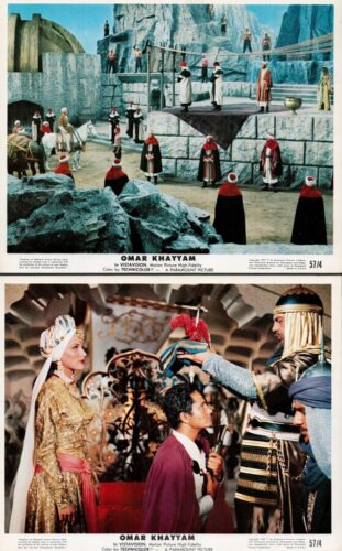 Two vintage Omar Khayyam movie stills: top shows a ceremonial scene on a rocky stage with robed figures; bottom shows a kneeling man before a regal guard and a watching woman in gold.