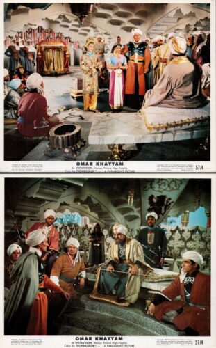 Two production stills from Omar Khayyam: upper image shows royally dressed figures in an ornate interior with ceremonies; lower image depicts a throne scene with courtiers and advisers gathered around a seated central figure.