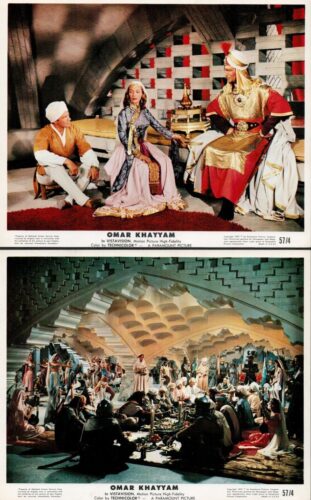 Movie still from Omar Khayyam showing three royally dressed characters seated in a decorative set.