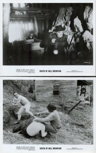 Two black-and-white stills from South of Hell Mountain: (top) a man with a lantern in a rocky mine tunnel, another worker in the background; (bottom) two men grappling near a wooden cabin and wagon gear outside.