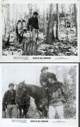 Two black-and-white stills from South of Hell Mountain: a man leads a horse through a forest.