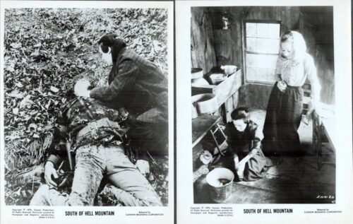 Two black‑and‑white film stills from South of Hell Mountain: left, a man kneels over another man in brush; right, a woman in a headscarf stands by while another woman kneels at a kitchen bucket.