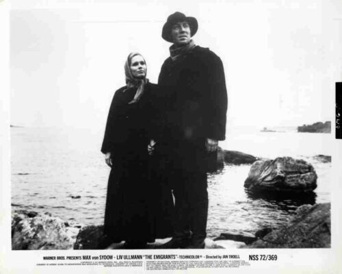 Two people in dark coats stand on rocky shore by the water, a moody black-and-white scene from a vintage film poster.