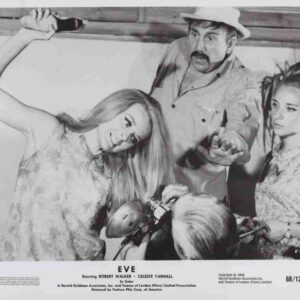 Black-and-white movie poster for a film titled Eve, showing a man with a hat and mustache reaching toward two women while another person leans forward, with production credits shown at the bottom.