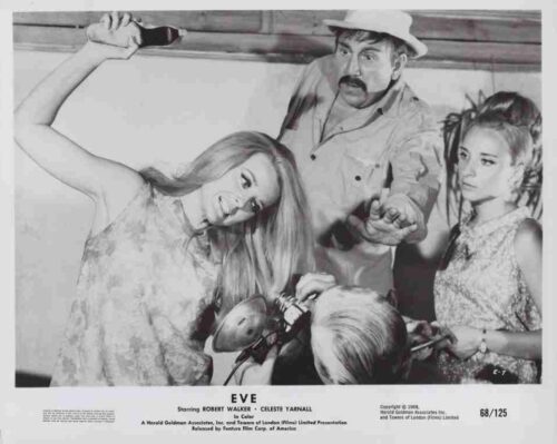 Black-and-white movie poster for a film titled Eve, showing a man with a hat and mustache reaching toward two women while another person leans forward, with production credits shown at the bottom.