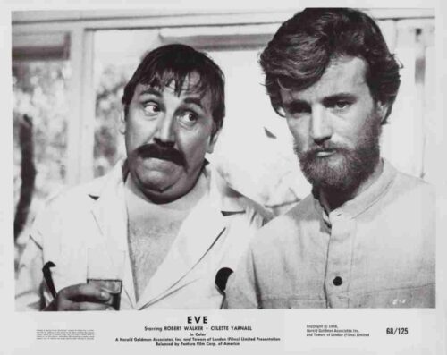 Black-and-white promo image of two men in lab coats indoors; one holds a glass. Text reads 'EVE' and edition number 68/125.
