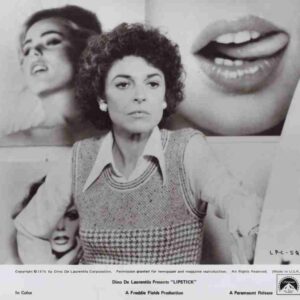 Vintage promotional poster style image: a serious woman in a knit vest and collared shirt center, with large collage faces in the background (lip/mouth and portrait).