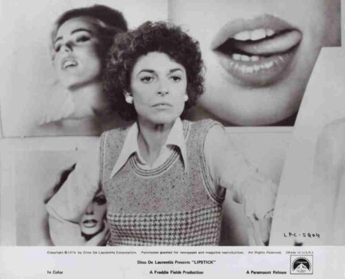 Vintage promotional poster style image: a serious woman in a knit vest and collared shirt center, with large collage faces in the background (lip/mouth and portrait).