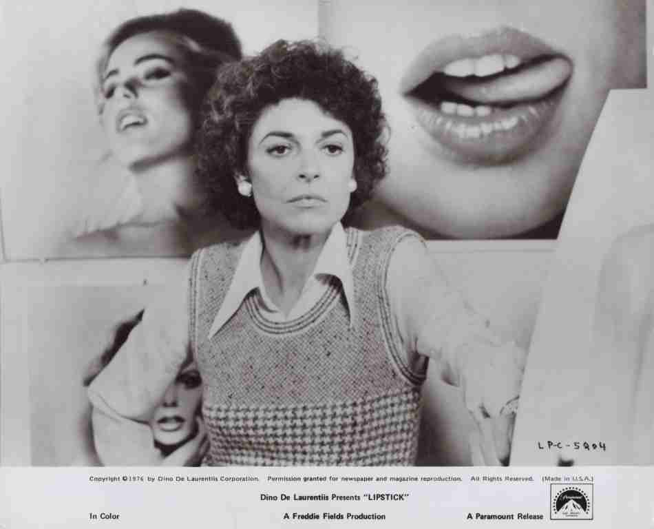 Vintage promotional poster style image: a serious woman in a knit vest and collared shirt center, with large collage faces in the background (lip/mouth and portrait).