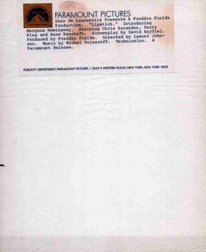 Paramount Pictures header with orange logo and typewritten film credits listing Dino De Laurentiis and Freddie Fields for a Paramount production.