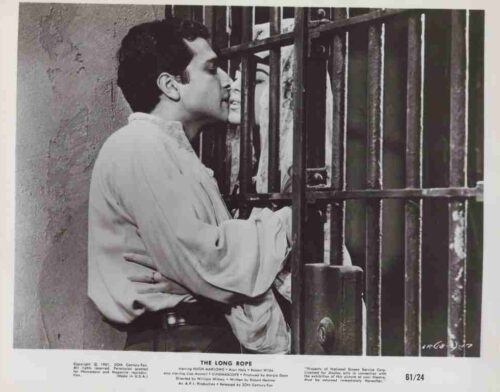 Man in a light shirt leans in to kiss a woman whose face is pressed against vertical iron bars of a gate, suggesting a jail or prison scene.