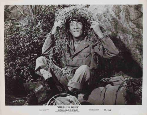 Soldier in field uniform sits among rocks and brush, adjusting camouflage netting on his helmet.