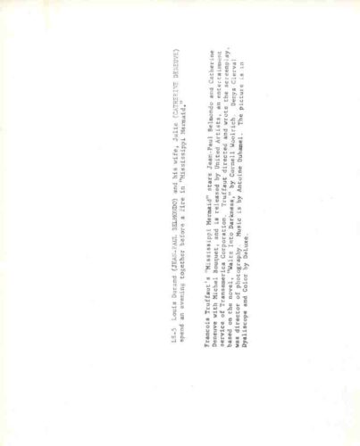 Rotated scan of a single narrow column of printed text on a white page, likely film credits or catalog description, with small serif font.