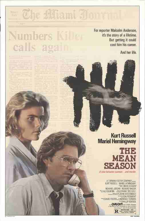 MEAN SEASON, 1985, movie posters, DEALERS LOT, Kurt Russell, Mariel Hemingway