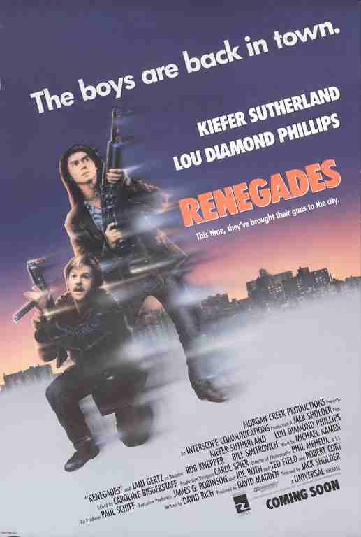 RENEGADES, 1989, movie poster, DEALERS LOT, Kiefer Sutherland, Lou Diamond Phillips