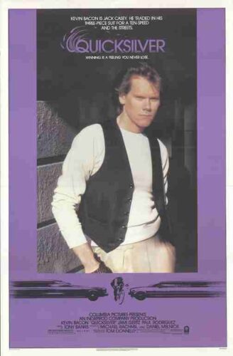 QUICKSILVER, 1986, movie poster, DEALERS LOT, Kevin Bacon, Laurence Fishburne